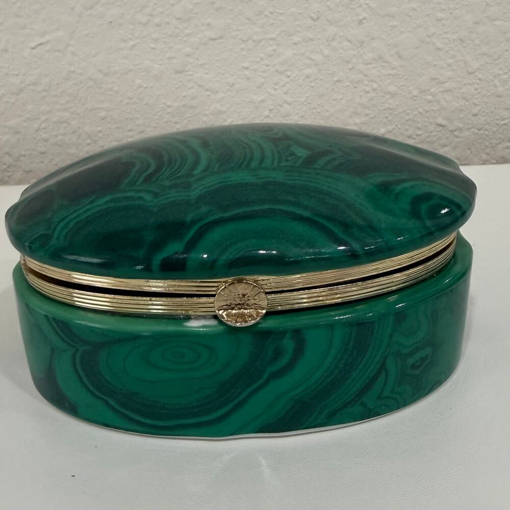 Andrea by Sadek 7496 Rare Faux Malachite Porcelain and Brass Green Trinket Box